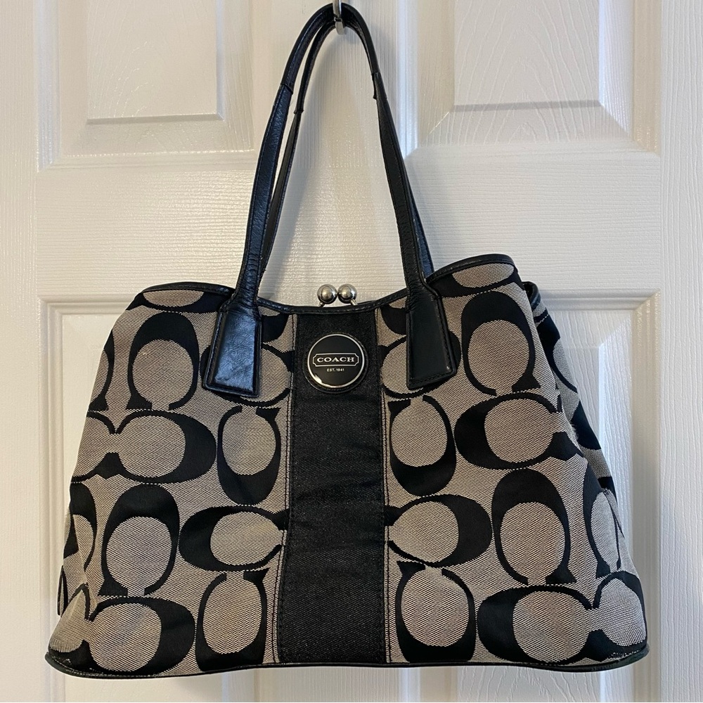 Coach Signature Jacquard Kisslock Satchel Black & Grey Leather Trim Shoulder Bag